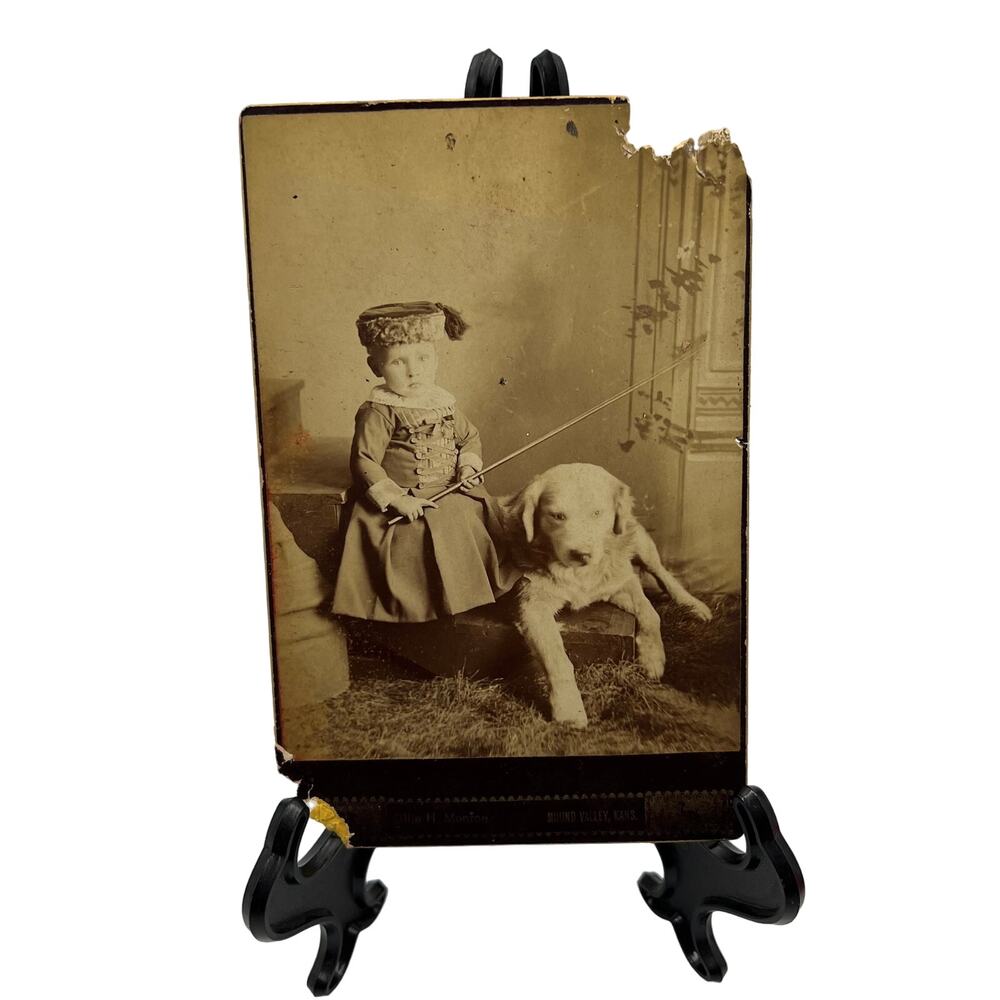 Antique Mounted Card Stock Black White Photo Child Boy Puppy 1800's Photograph‎
